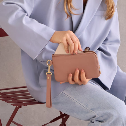 Phone Wallet Pouch in pebbled leather -- Milk Tea