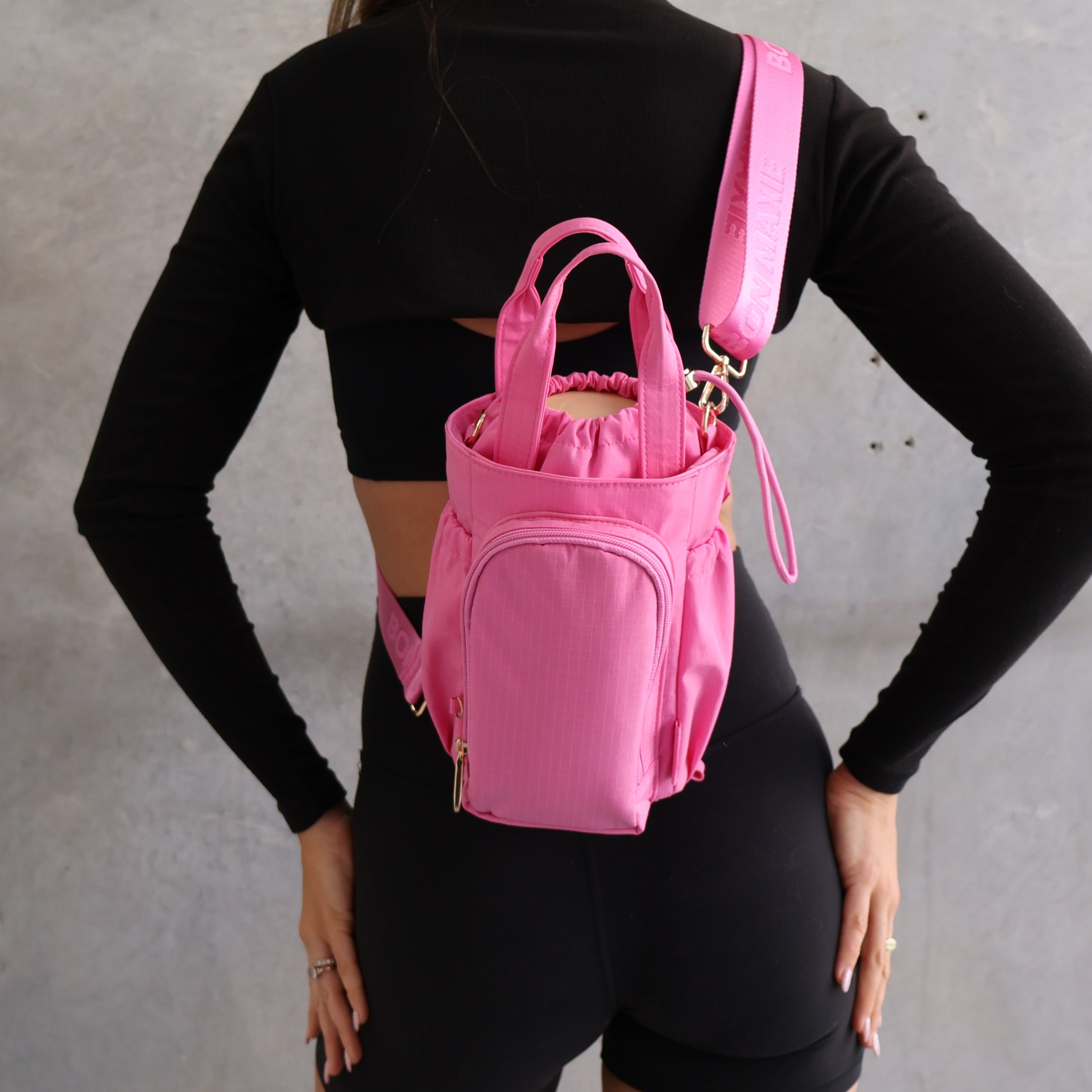 Multi-Wear Water Bottle Bag - Crossbody, Backpack, Sling, Handles - Pink