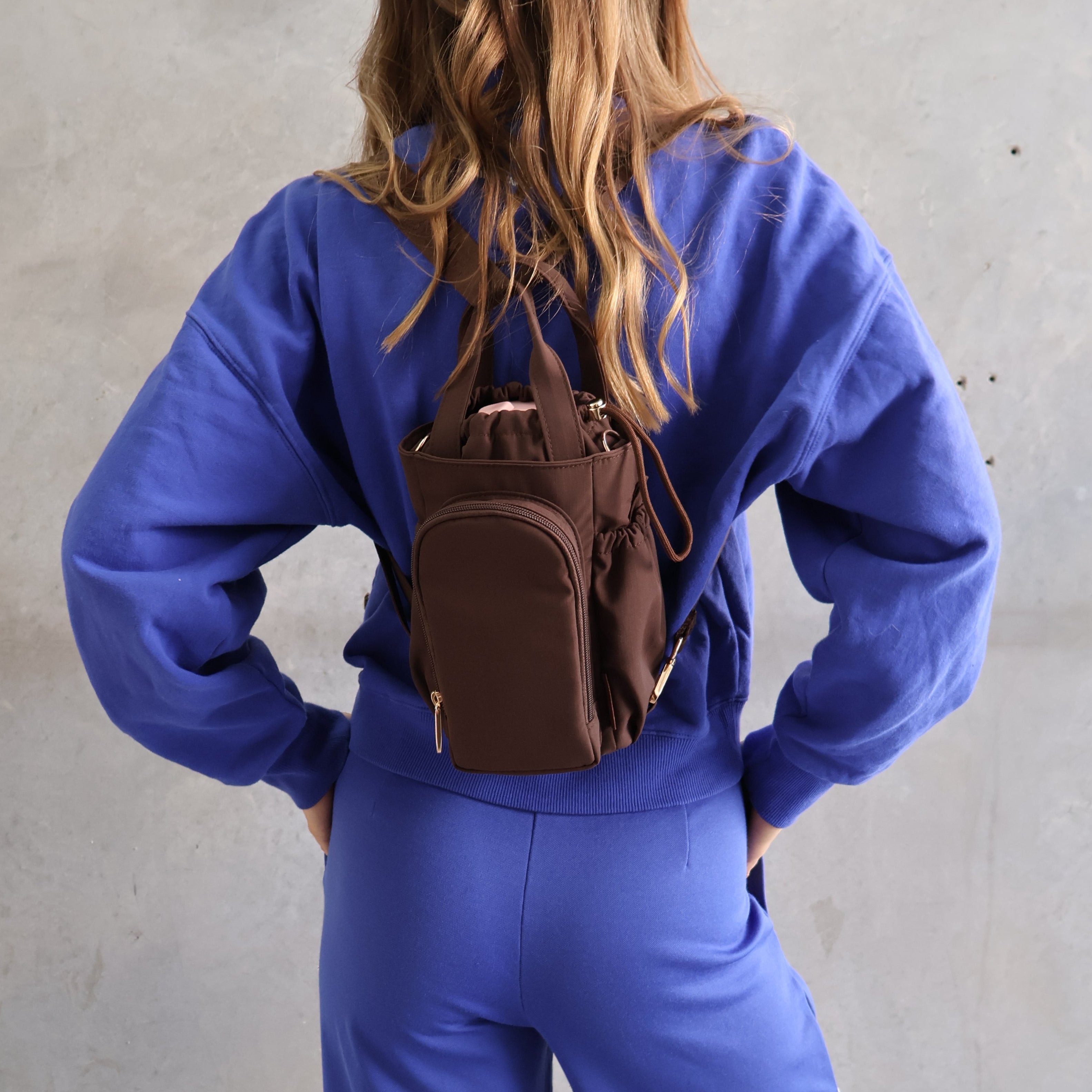 Multi-Wear Water Bottle Bag - Crossbody, Backpack, Sling, Handles - Chocolate