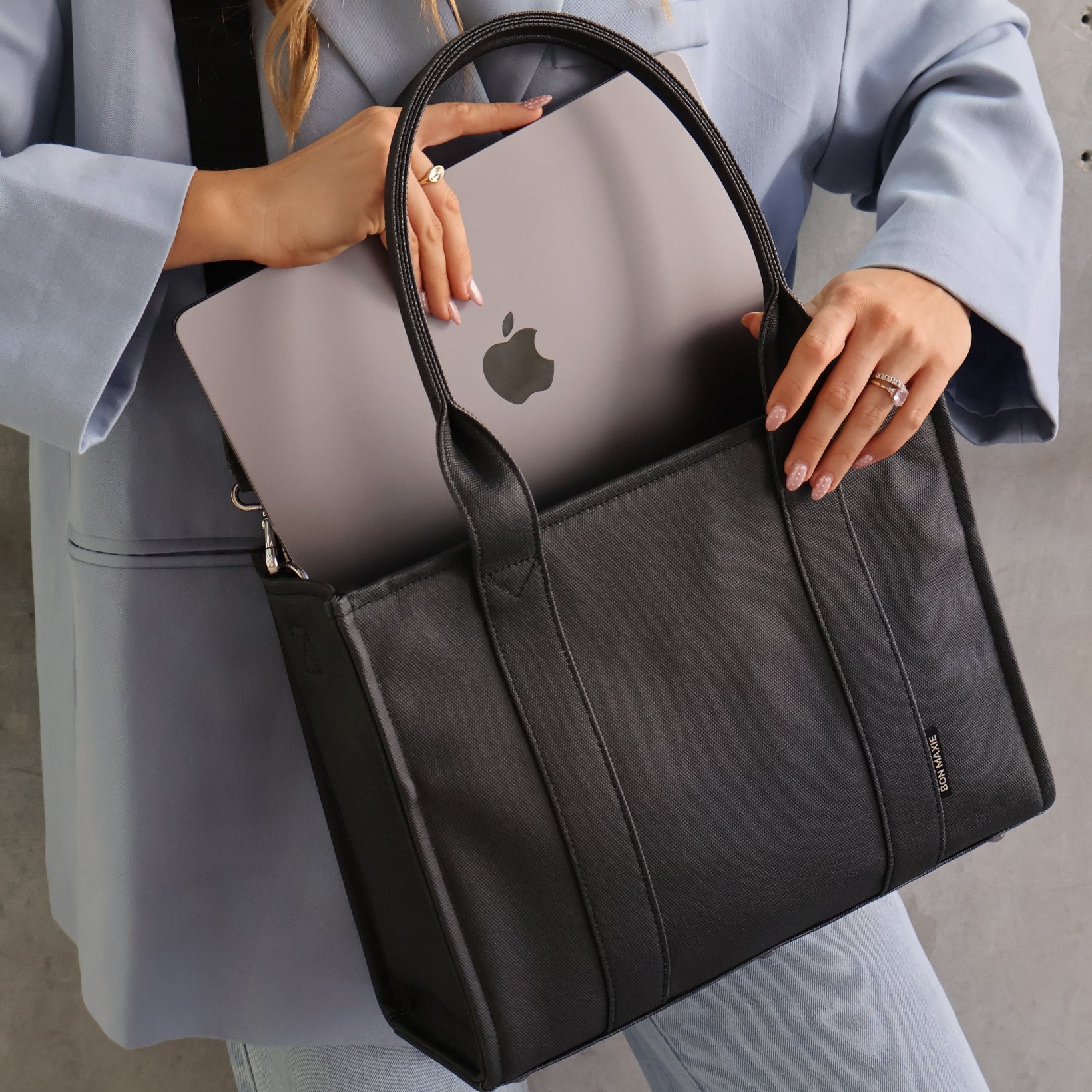 Small Structured Tote Bag in coated canvas - Black (shoulder straps)