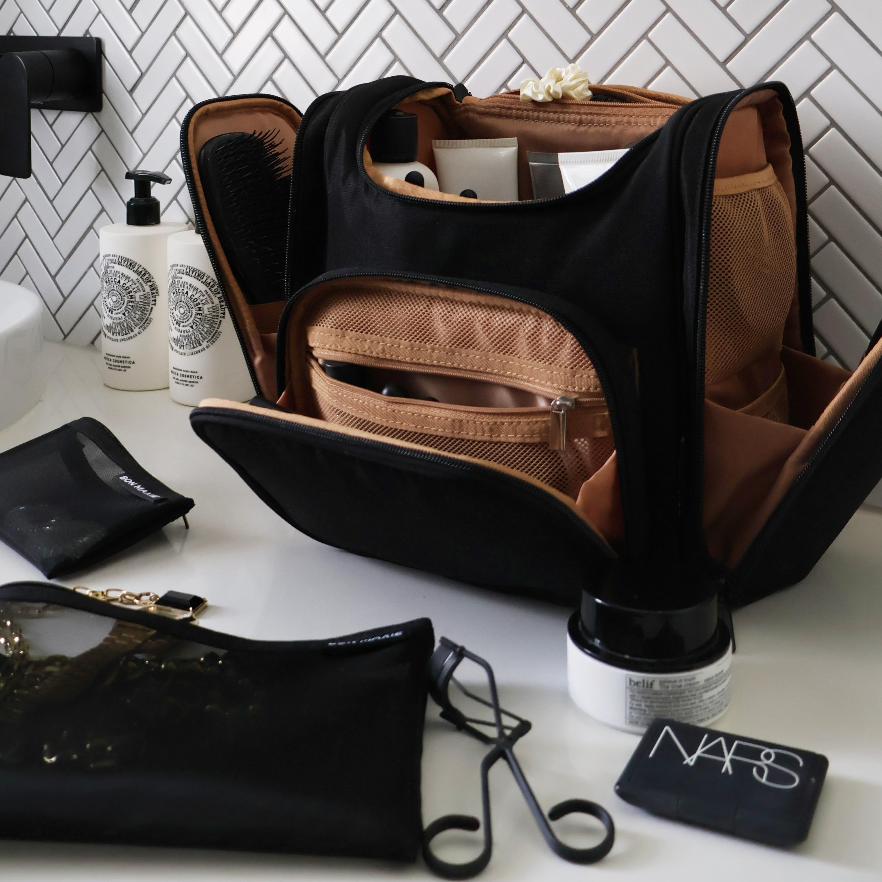 Mega Hanging Toiletry Bag with removable carry-on pouch + organisers - Pink/Red Stripe