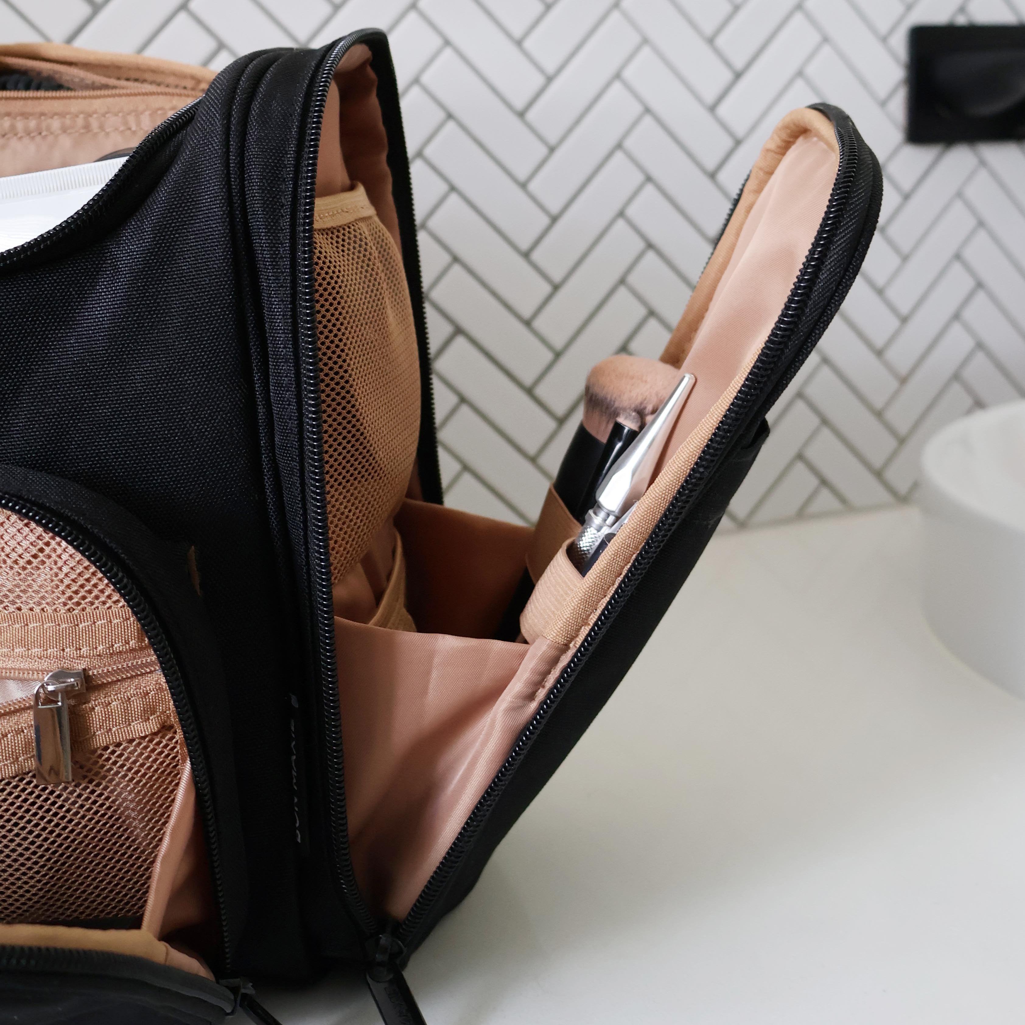 Mega Hanging Toiletry Bag with removable carry-on pouch + organisers - Pink/Red Stripe