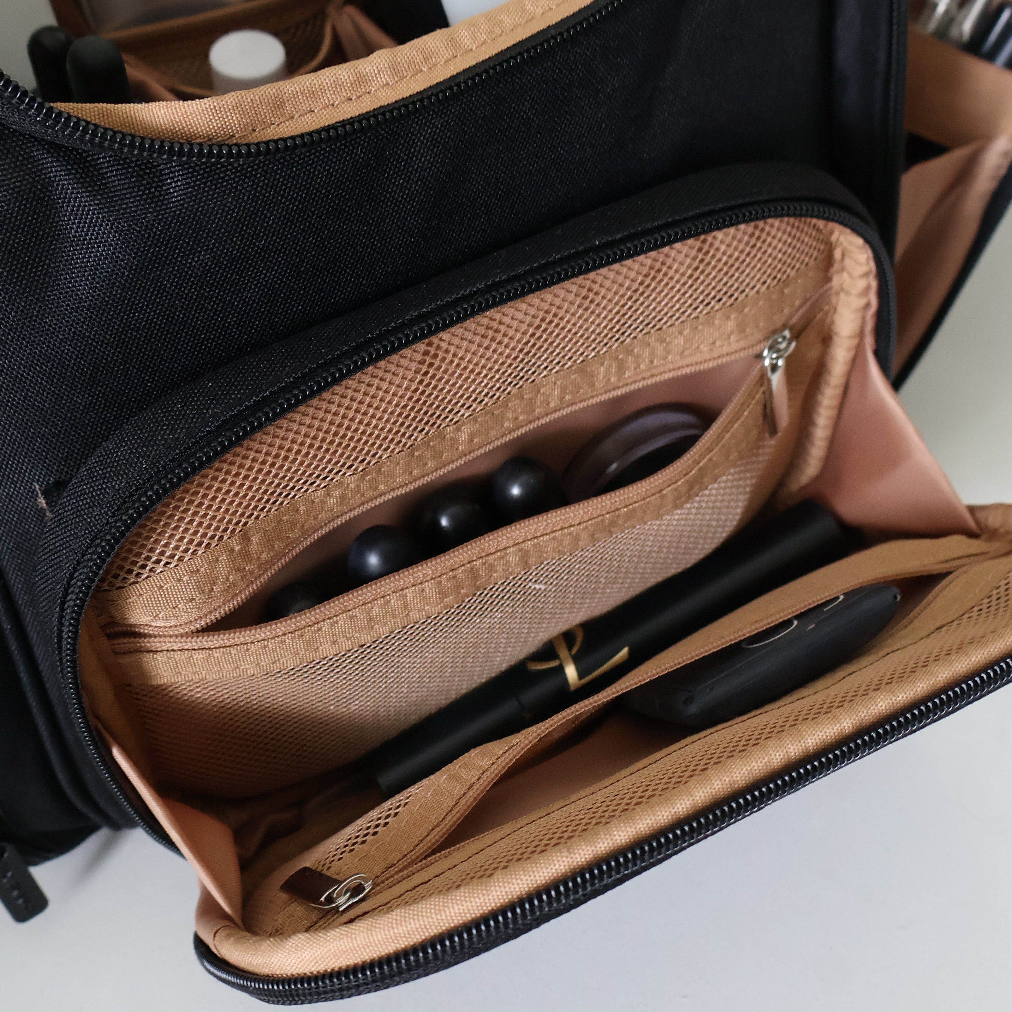 Mega Hanging Toiletry Bag with removable carry-on pouch + organisers - Pink/Red Stripe