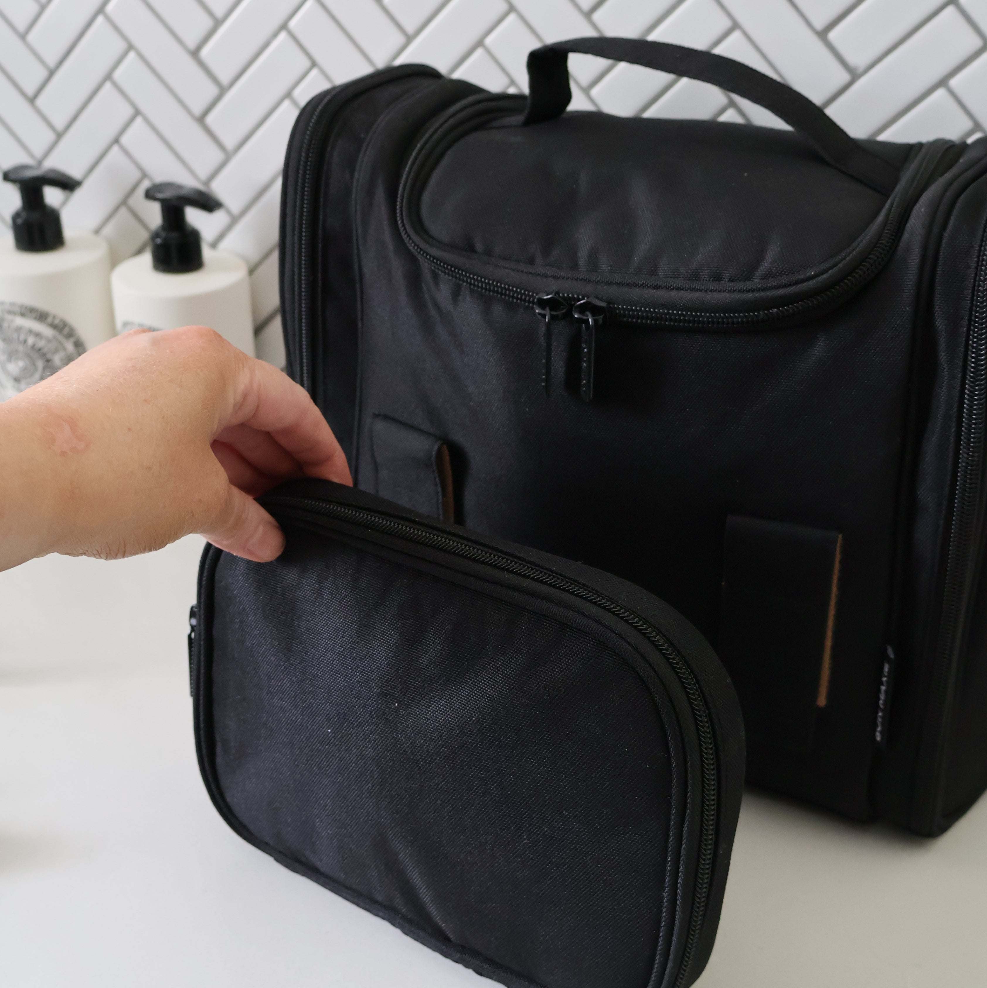 Mega Hanging Toiletry Bag with removable carry-on pouch + organisers - Pink/Red Stripe