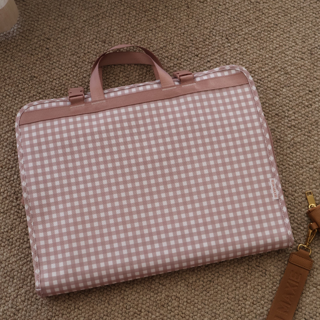 Multi-Pocket Hanging Packing Cube with compression - Milk Tea Gingham