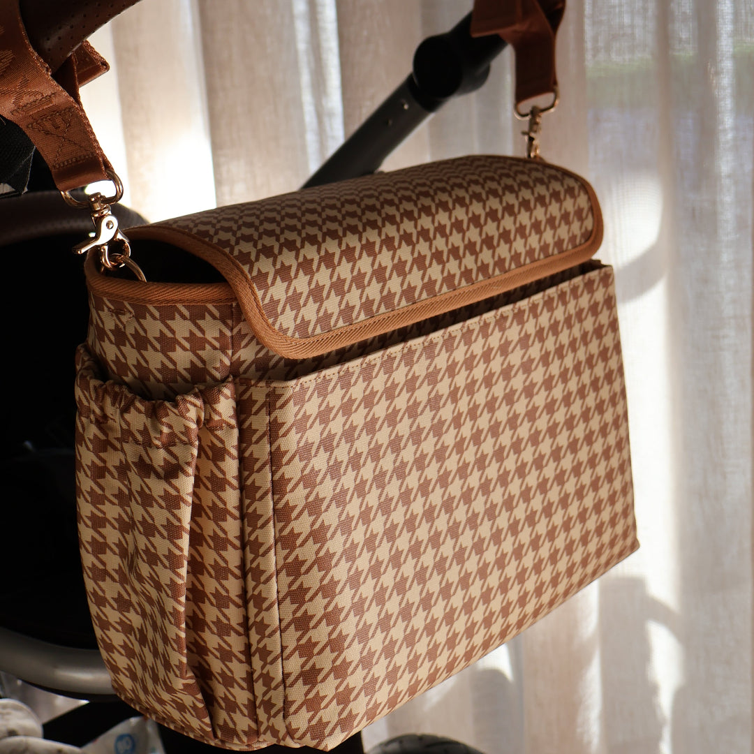 Pram Caddy Bag with pram + crossbody straps in coated canvas - Tan Houndstooth
