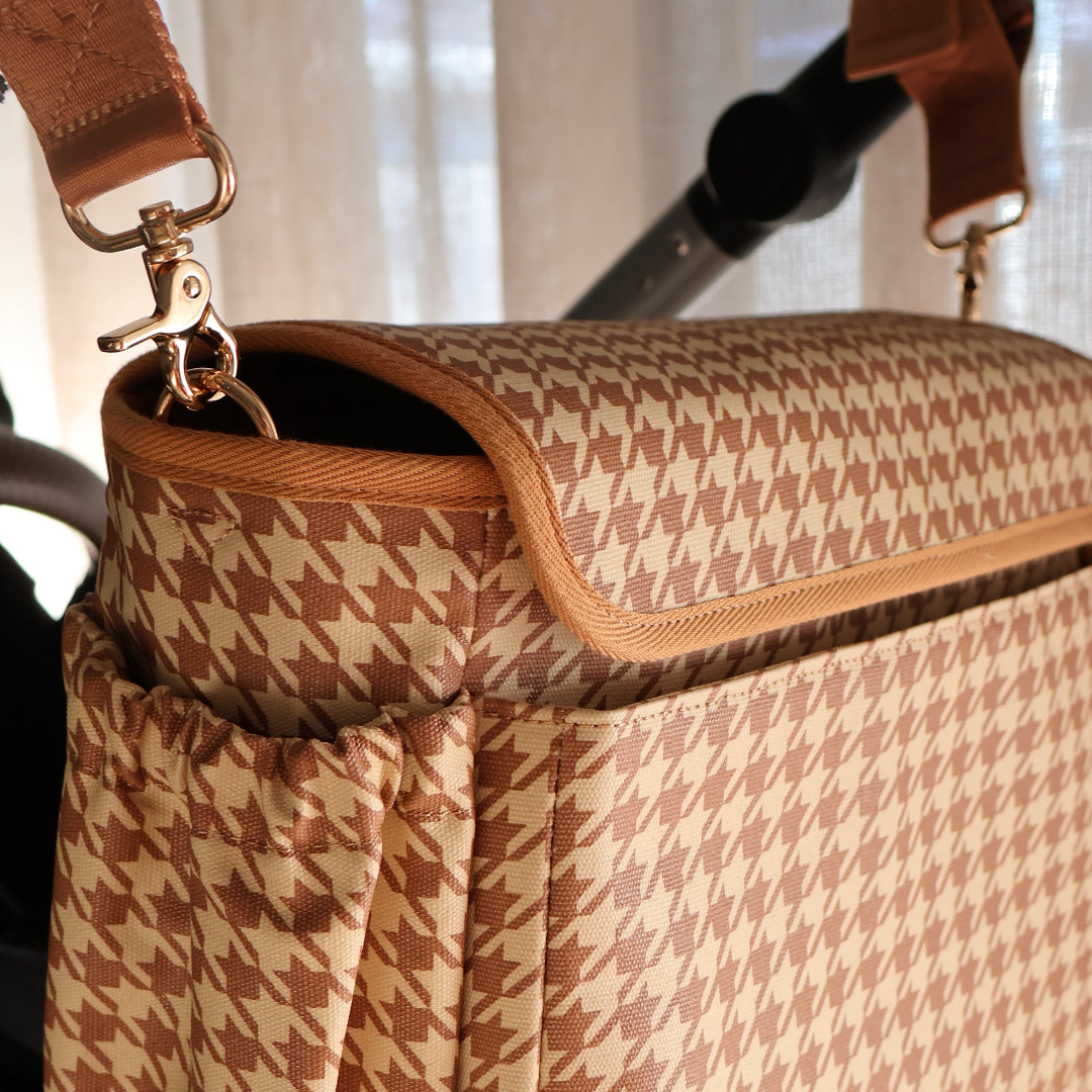 Nappy Bag/Pram Caddy Hybrid in coated canvas - Tan Houndstooth