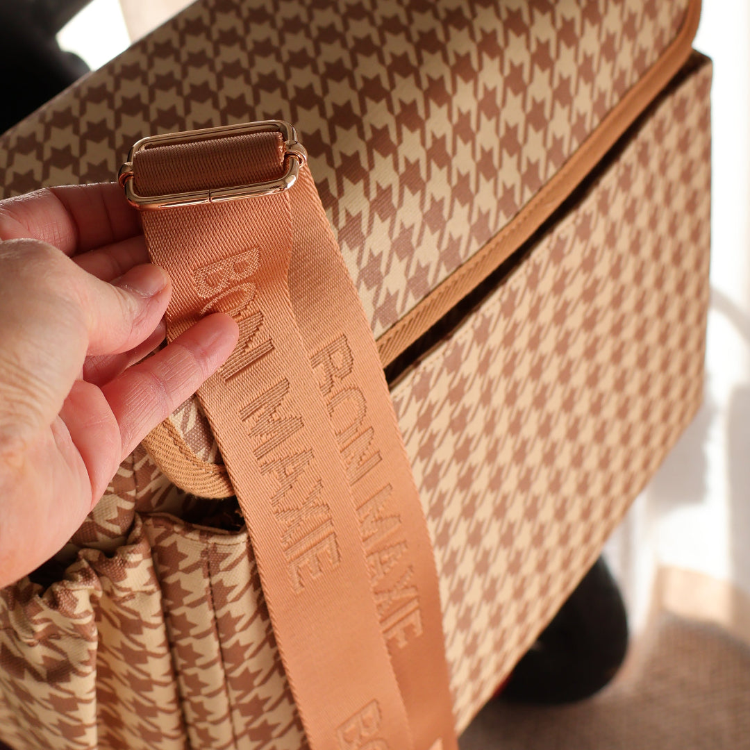 Nappy Bag/Pram Caddy Hybrid in coated canvas - Tan Houndstooth