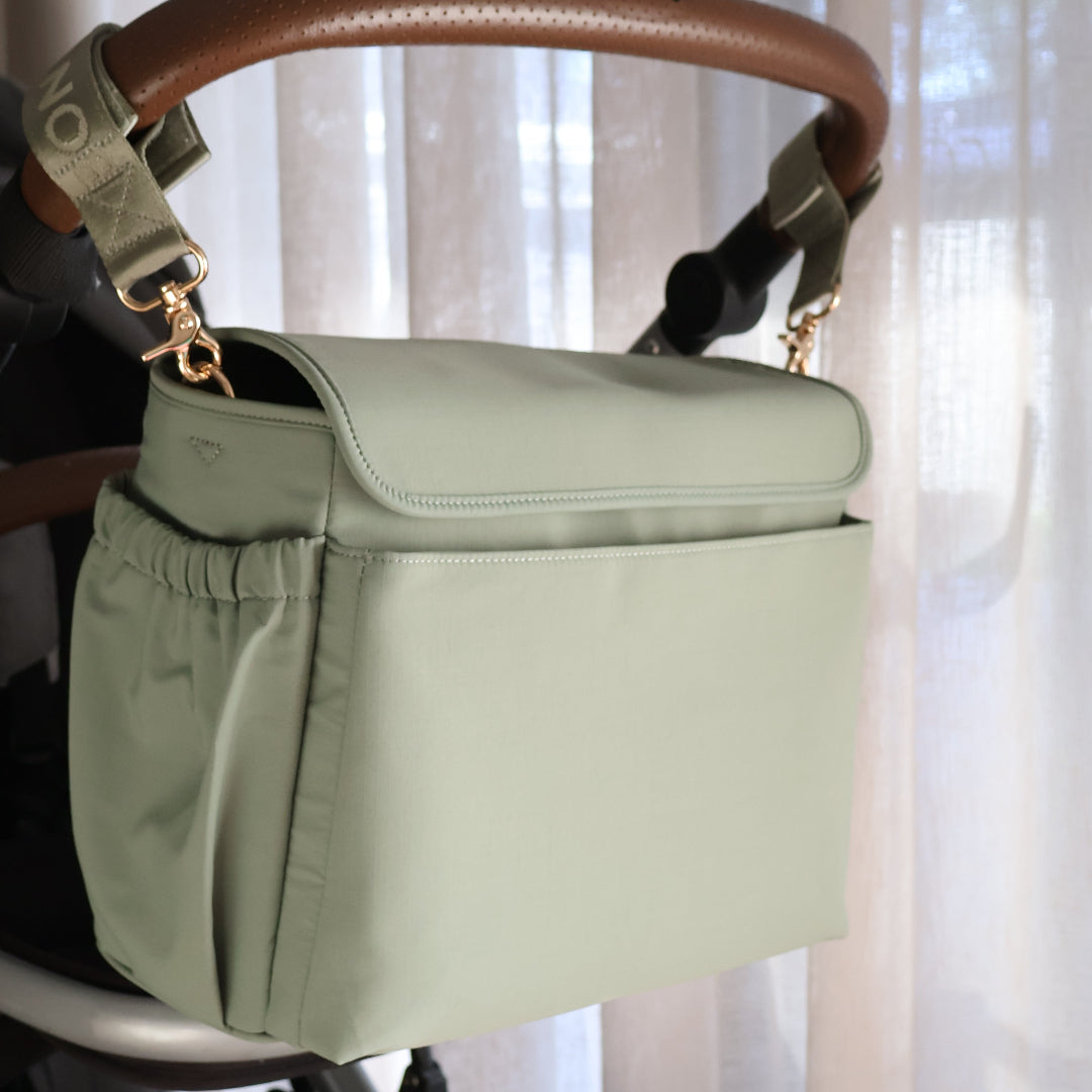 Nappy Bag/Pram Caddy Hybrid in washed nylon - Sage