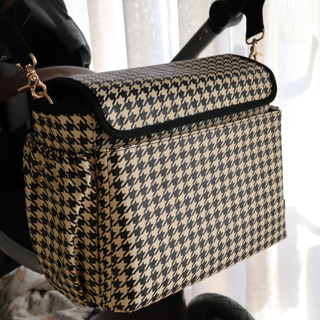 Nappy Bag/Pram Caddy Hybrid in coated canvas - Black Houndstooth