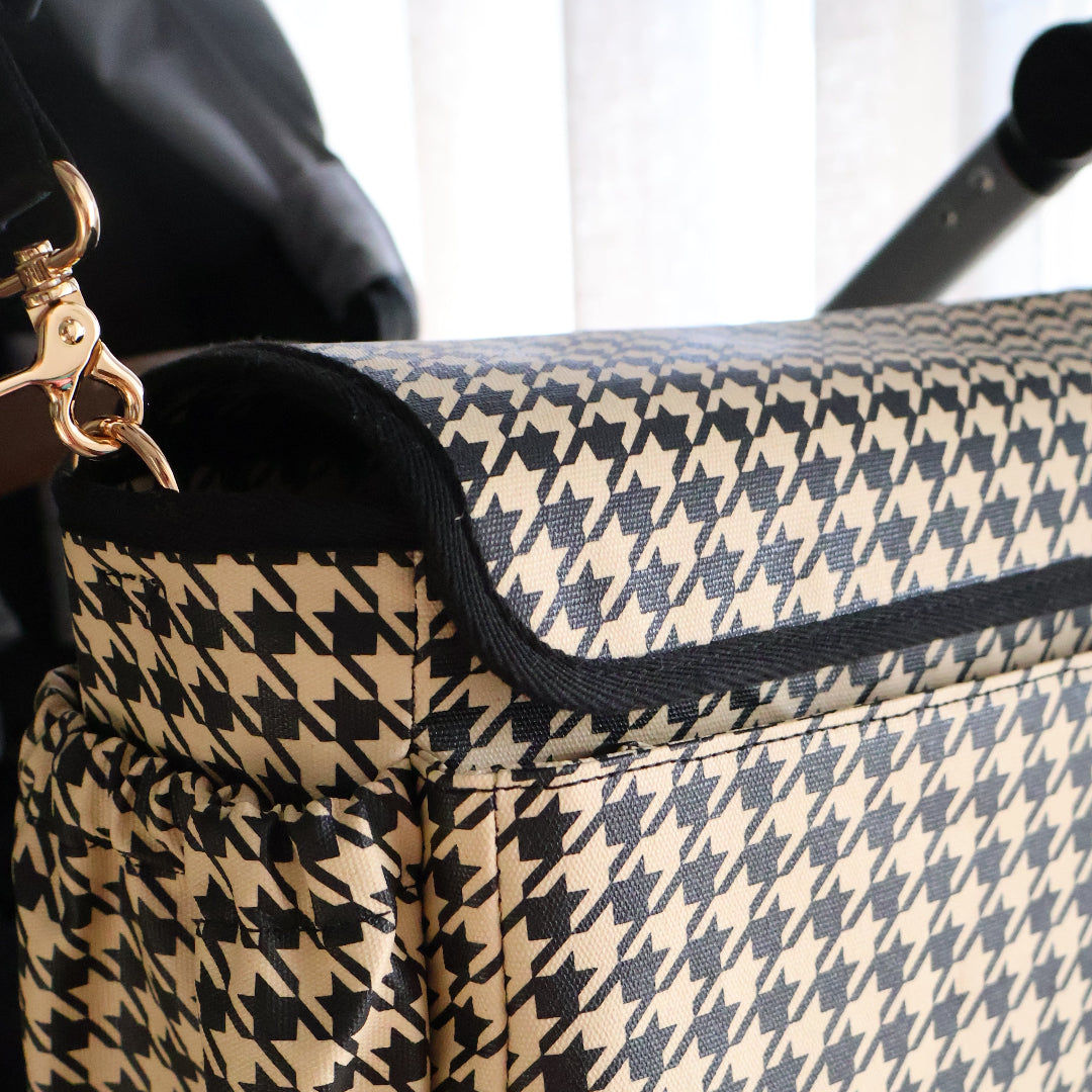 Nappy Bag/Pram Caddy Hybrid in coated canvas - Black Houndstooth