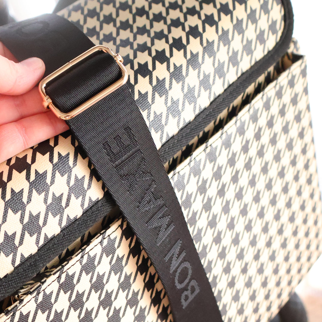 Nappy Bag/Pram Caddy Hybrid in coated canvas - Black Houndstooth