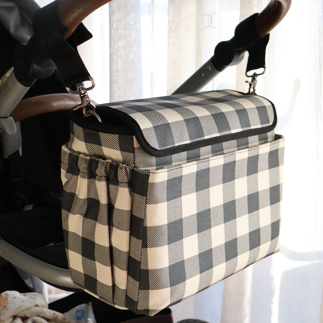 Nappy Bag/Pram Caddy Hybrid in coated canvas - Black Gingham