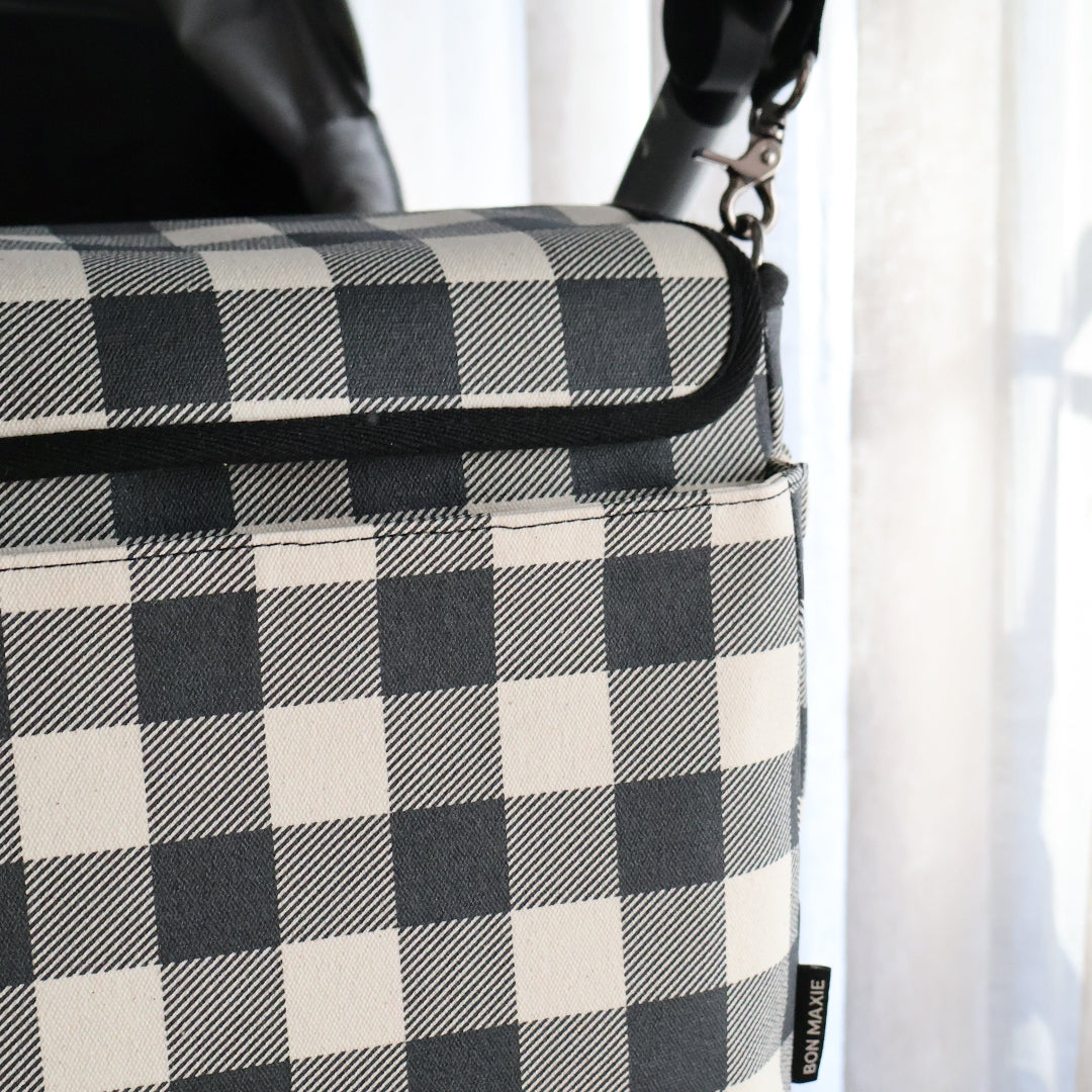 Nappy Bag/Pram Caddy Hybrid in coated canvas - Black Gingham