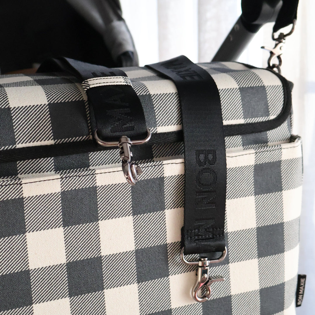 Nappy Bag/Pram Caddy Hybrid in coated canvas - Black Gingham