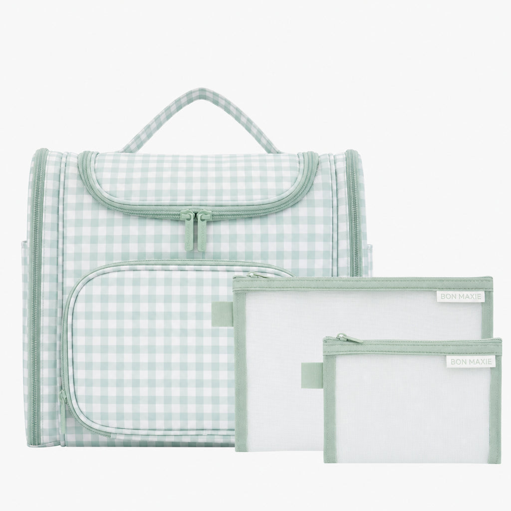 Large Hanging Travel Toiletry Bag + Detachable Pouch - Sage Gingham