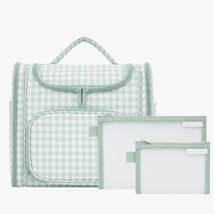 Large Hanging Travel Toiletry Bag + Detachable Pouch - Sage Gingham