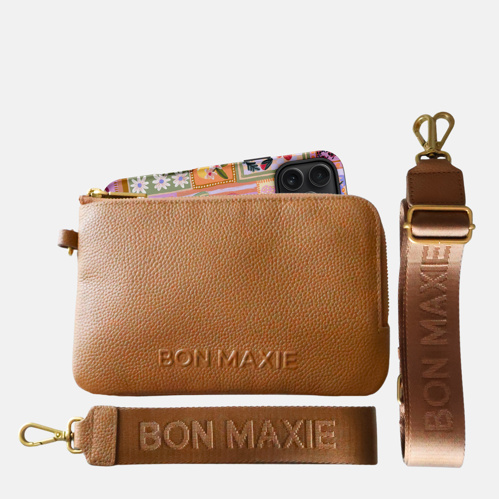 Crossbody Phone Wallet Pouch in pebbled leather, 2 straps  - Tan