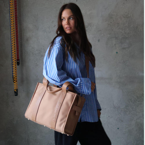 Medium Structured Tote - Nylon/Leather - Tan