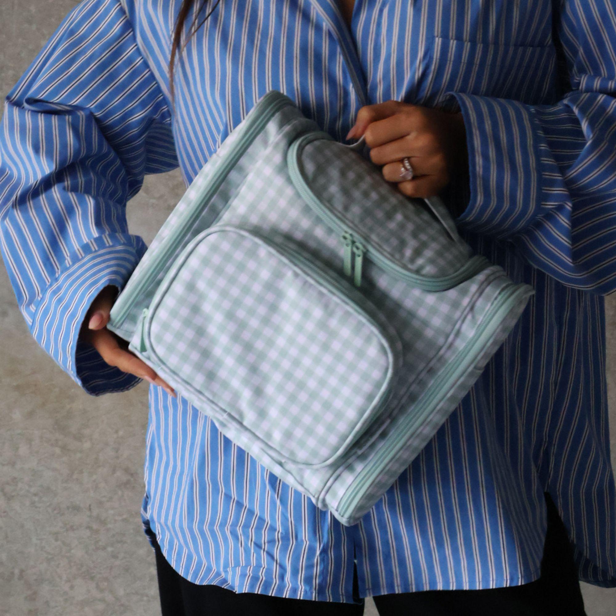 Large Hanging Travel Toiletry Bag + Detachable Pouch - Sage Gingham