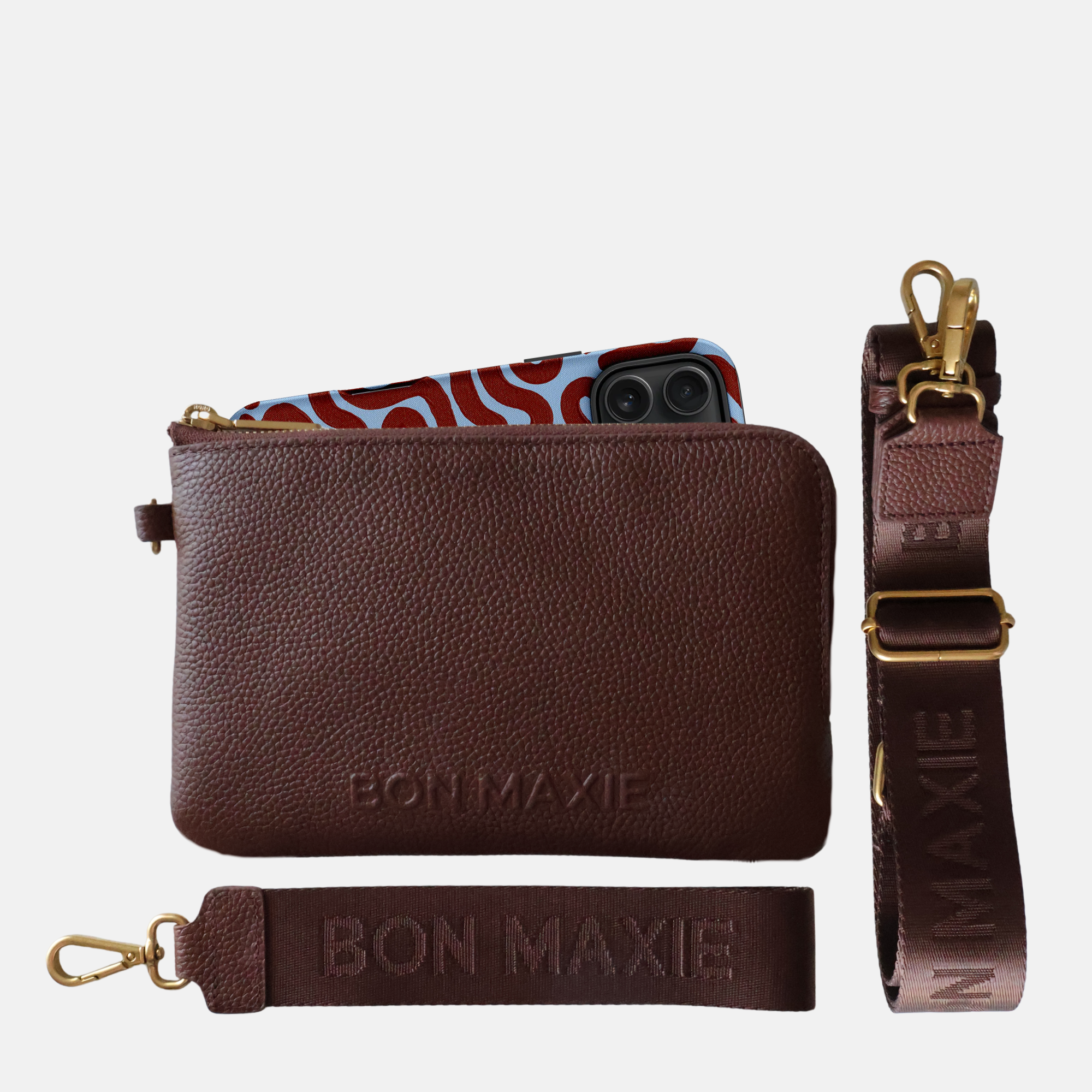 Crossbody Phone Wallet Pouch in pebbled leather, 2 straps - Chocolate