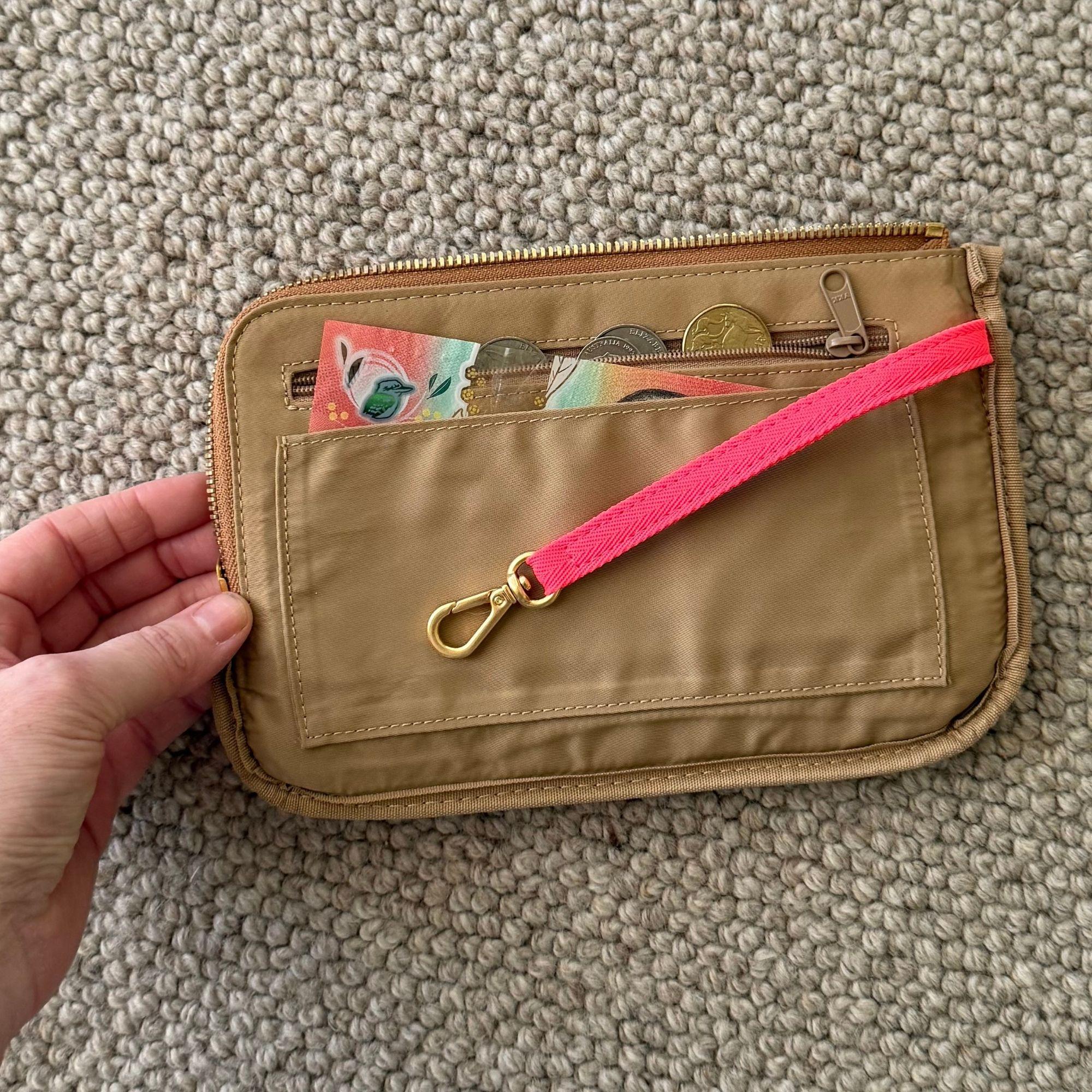 Crossbody Phone Wallet Pouch in pebbled leather, 2 straps  - Tan