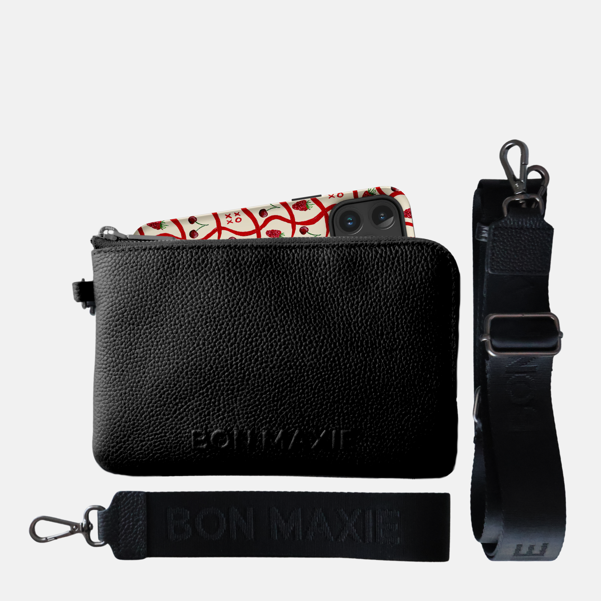 Crossbody Phone Wallet Pouch in pebbled leather, 2 straps - Black