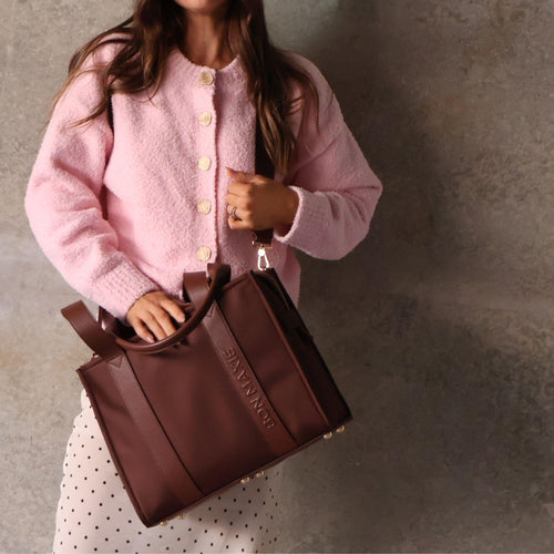 Medium Structured Tote - Nylon/Leather - Chocolate