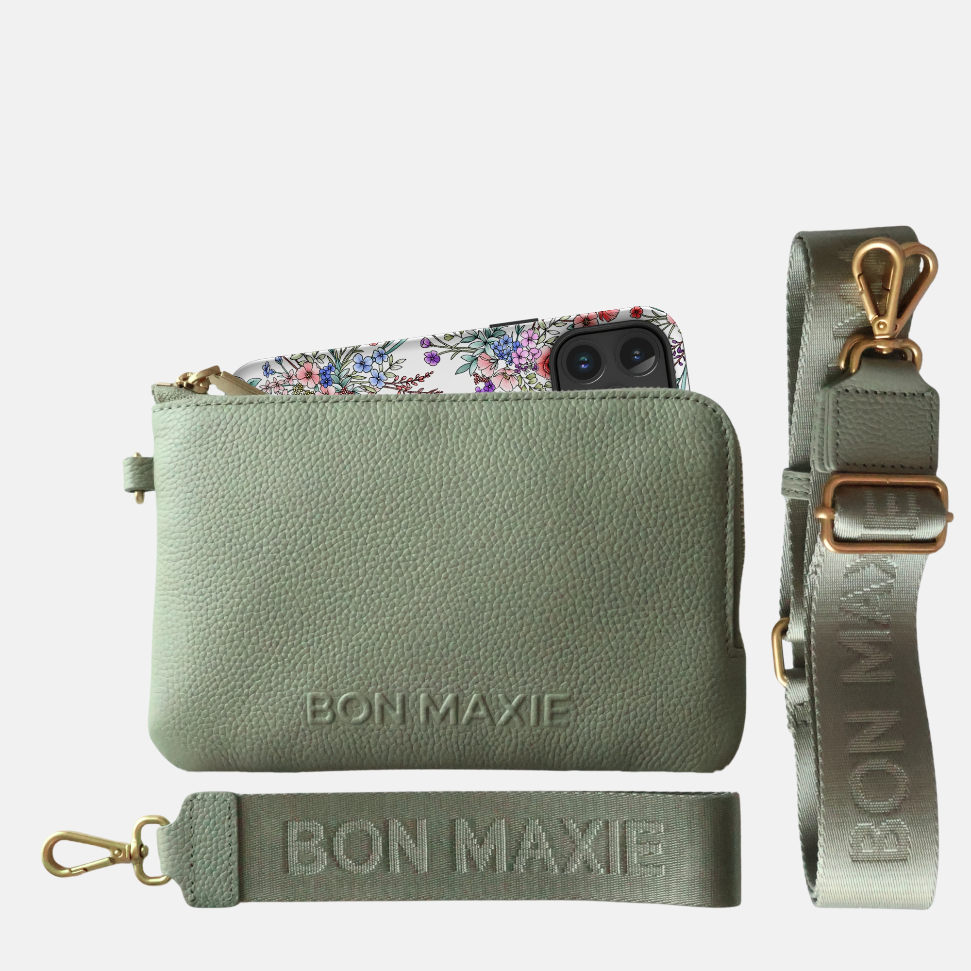 Crossbody Phone Wallet Pouch in pebbled leather, 2 straps  - Sage