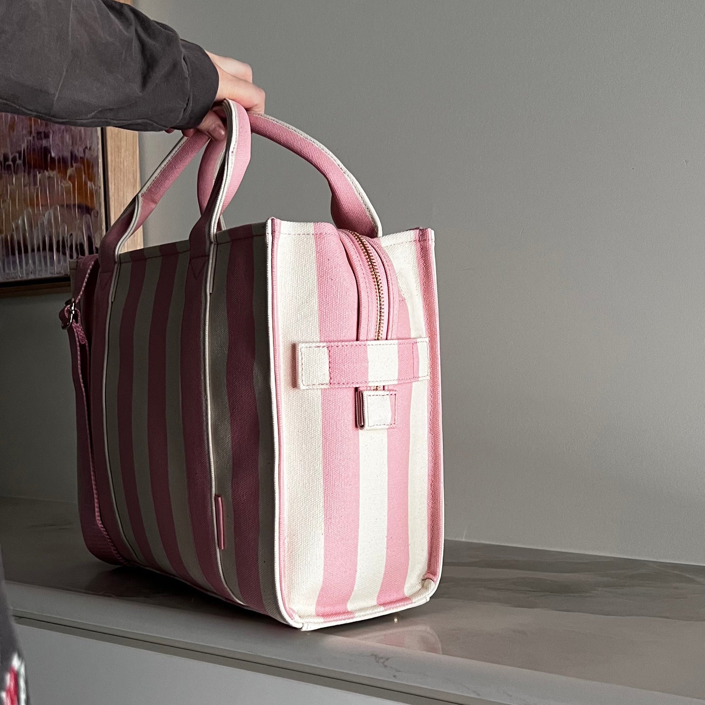 Small Bon Vivant Structured Tote Bag -- Blush Stripe