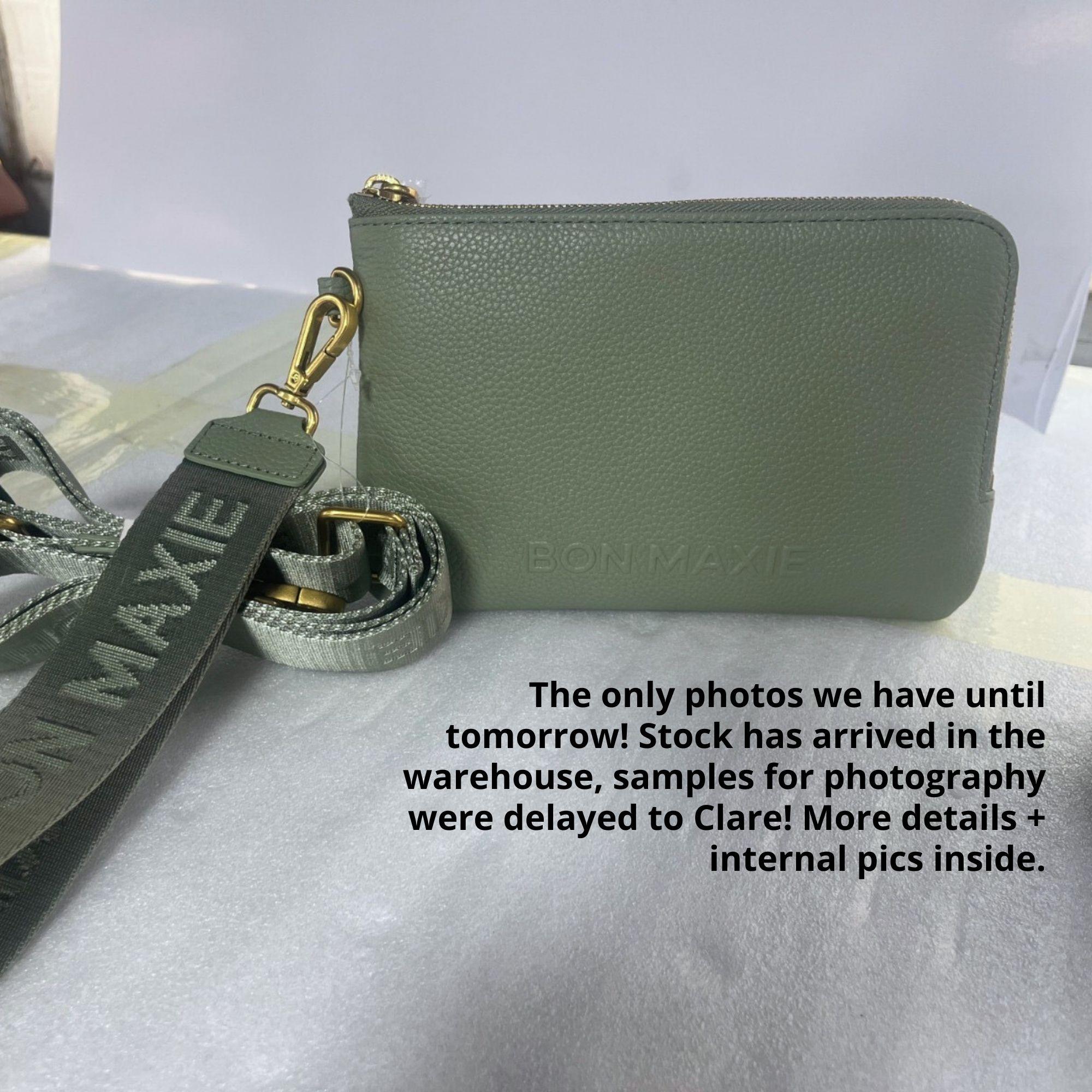 Crossbody Phone Wallet Pouch in pebbled leather, 2 straps  - Sage