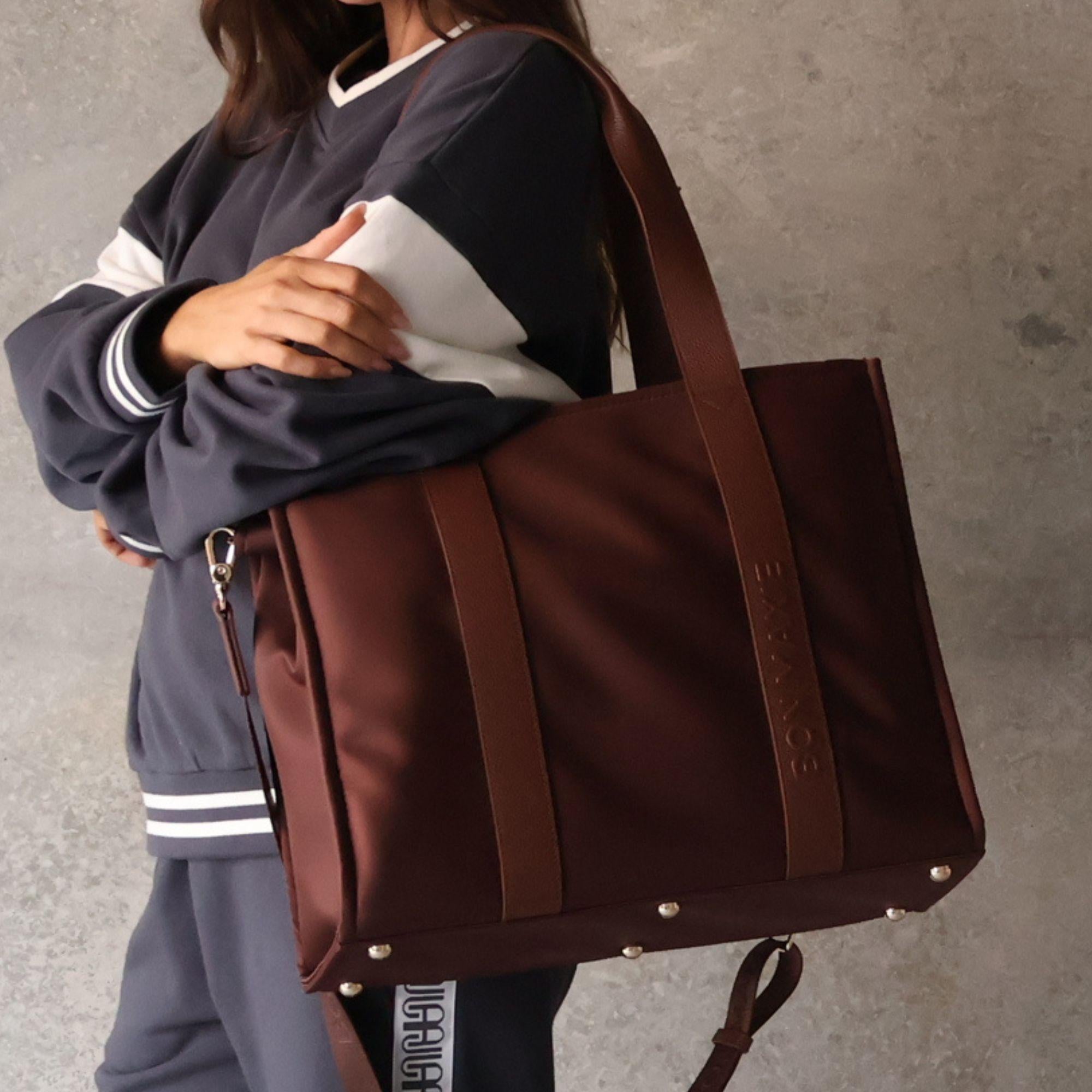 Large Structured Tote - Nylon/Leather - Chocolate