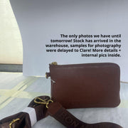 Crossbody Phone Wallet Pouch in pebbled leather, 2 straps - Chocolate