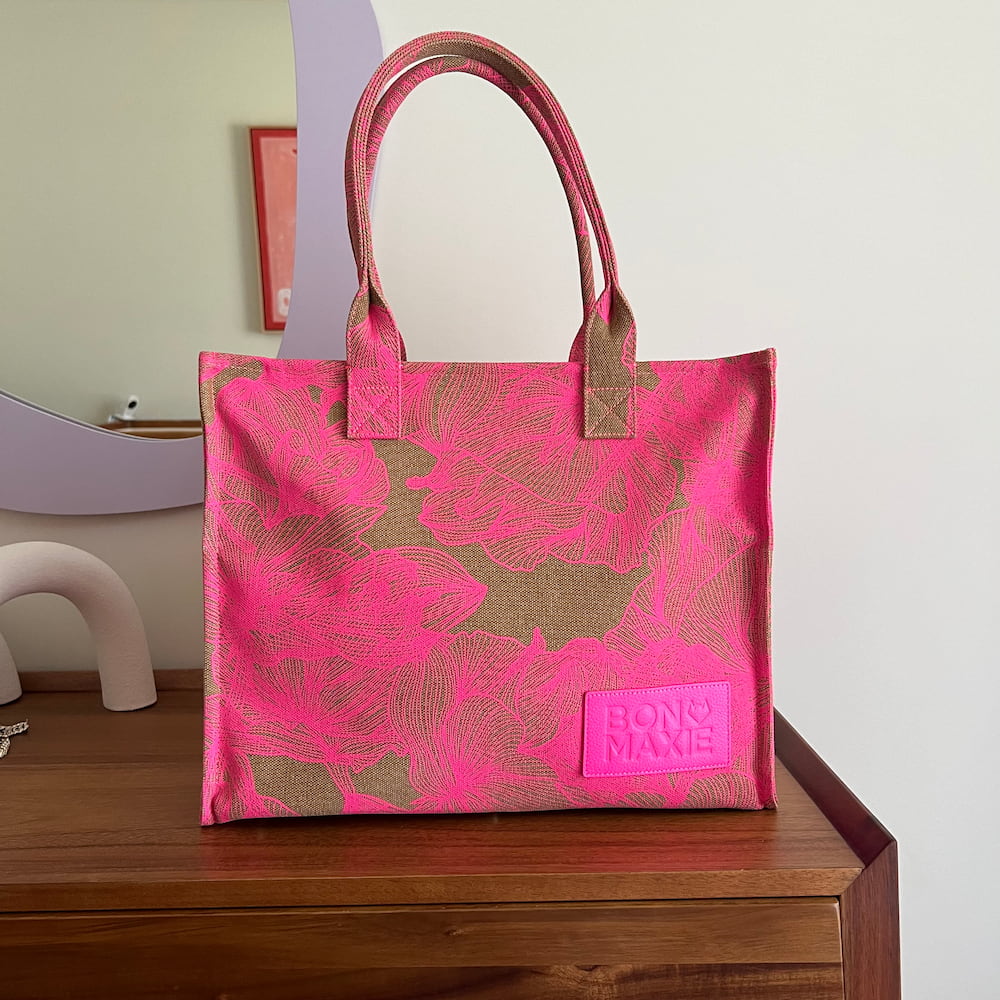 Bon Vivant Tote Bag - Neon Pink/Tan Floral