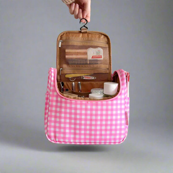 Bon Voyage Travel Toiletry Bag in Neon Pink Gingham Cosmetic Vanity Case BON MAXIE