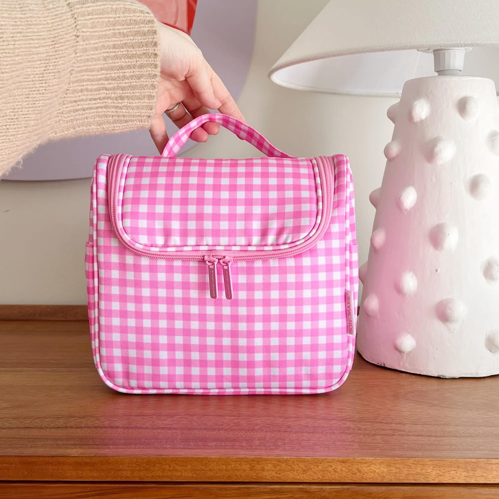 Bon Voyage Travel Toiletry Bag in Neon Pink Gingham Cosmetic Vanity Case BON MAXIE