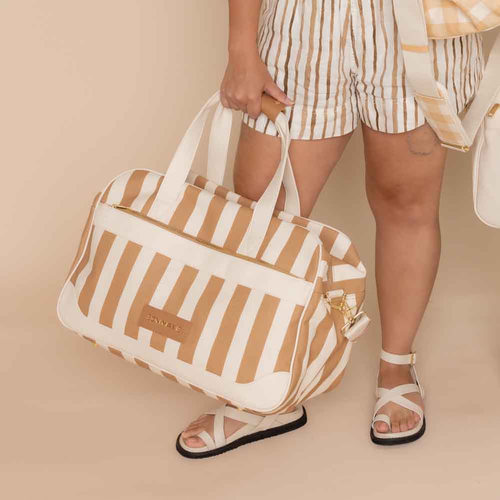 Bon Voyage Weekender Bag - Coated Tan Stripe Canvas