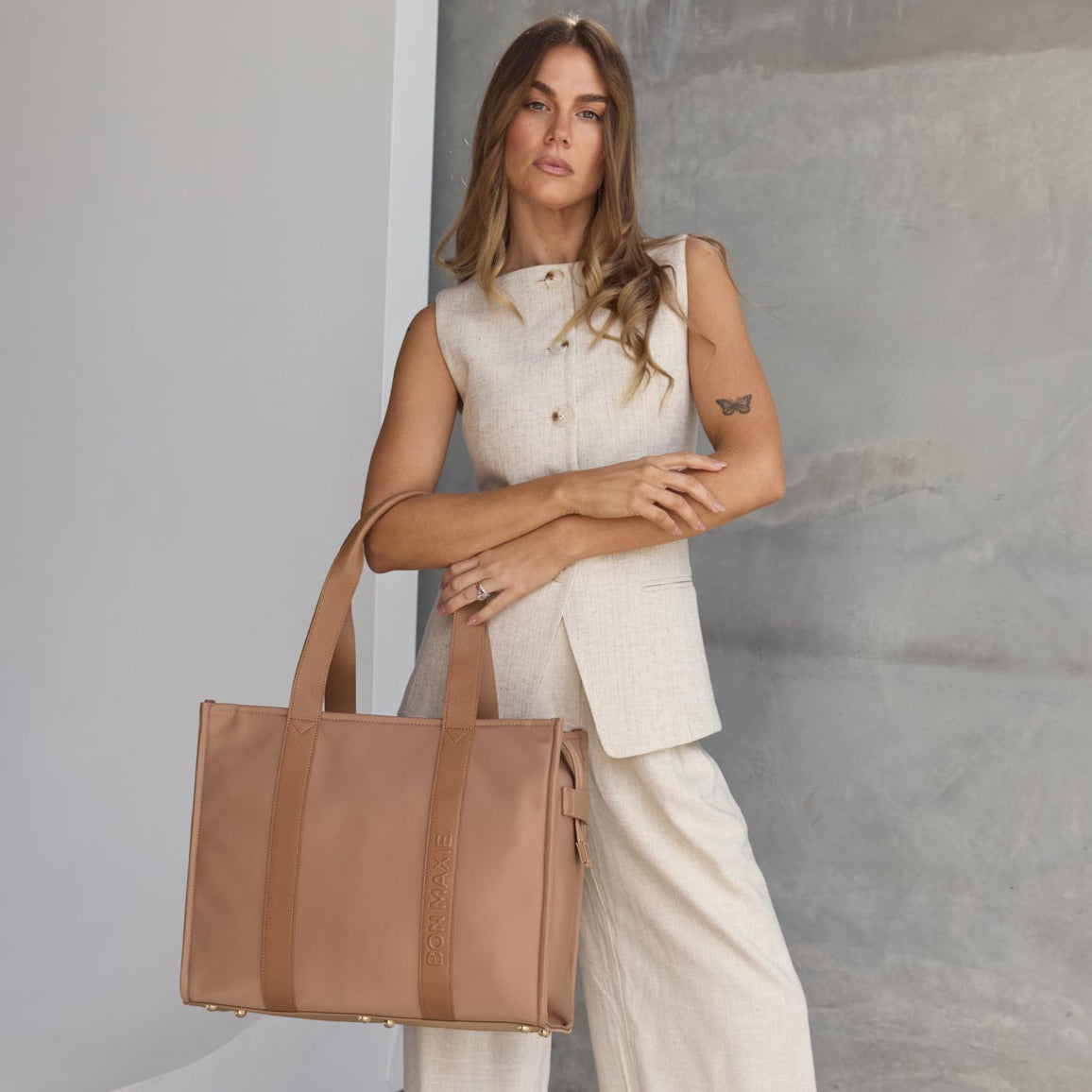 Large Structured Tote Bag - Tan (Leather/Nylon)