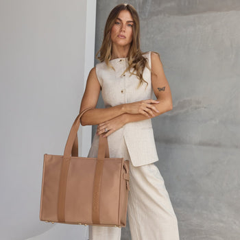 Large Structured Tote Bag - Tan (Leather/Nylon)