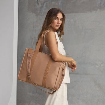 Large Structured Tote Bag - Tan (Leather/Nylon)