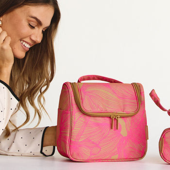 Hanging Travel Toiletry Bag Set - Tan/Neon Pink Floral