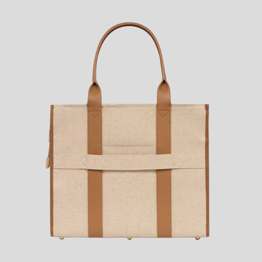 Large Bon Vivant Structured Tote Bag - Jute Canvas Tan Leather Tote Bag