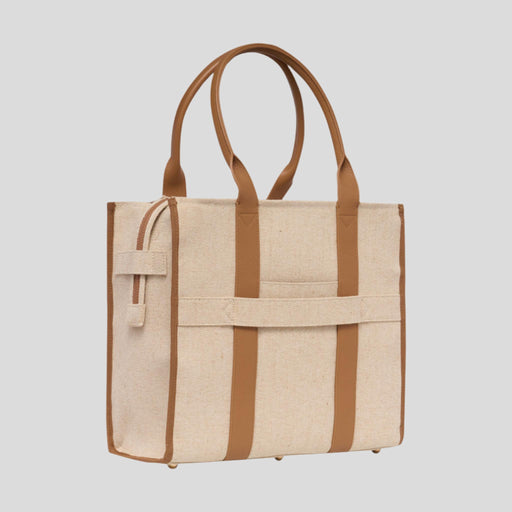Large Bon Vivant Structured Tote Bag - Jute Canvas Tan Leather Tote Bag