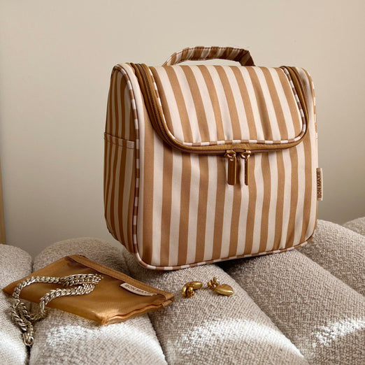 Hanging Travel Toiletry Bag Set - Tan/Beige Stripe