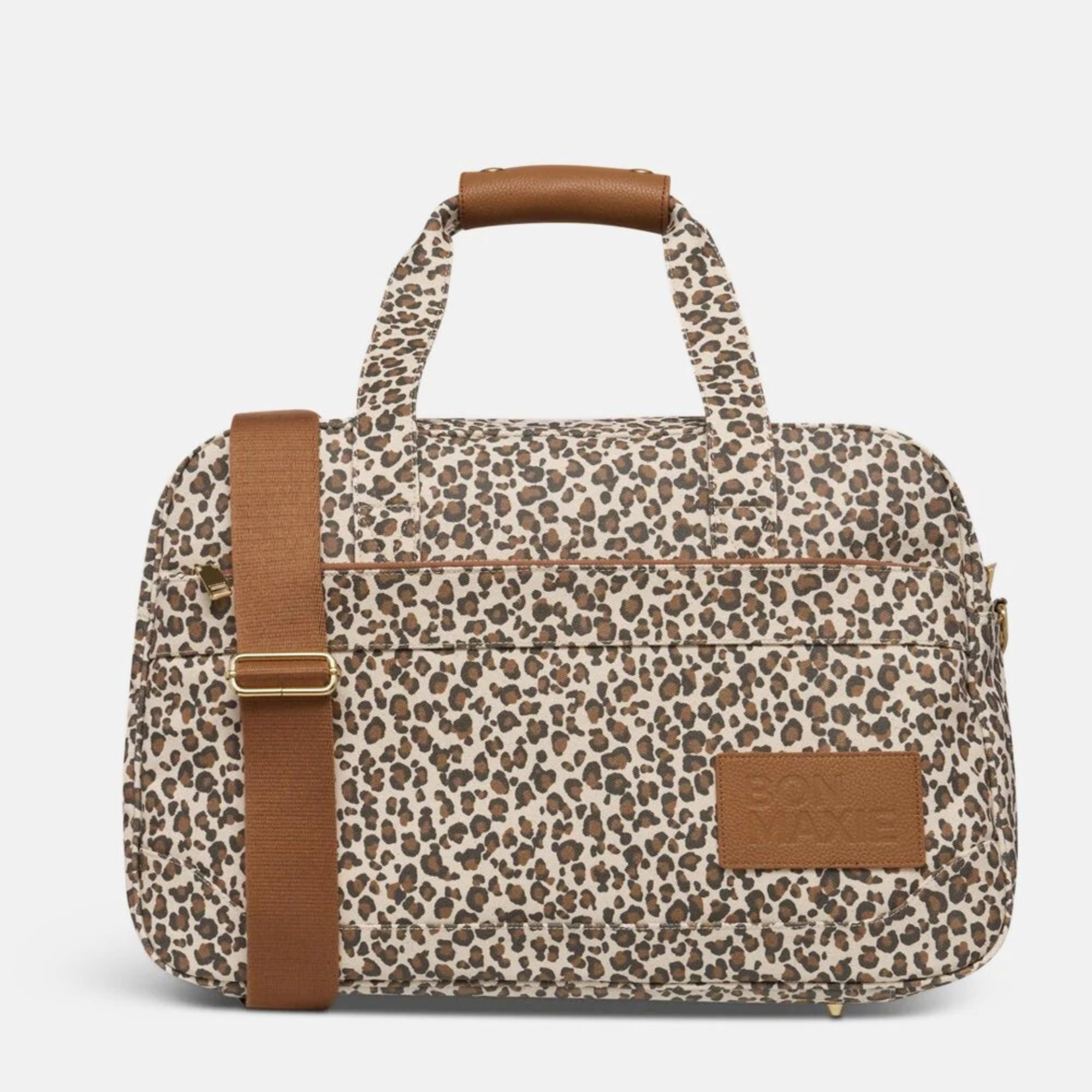 Load video: Bon Voyage Weekender Bag in signature coated canvas + leather -- Leopard