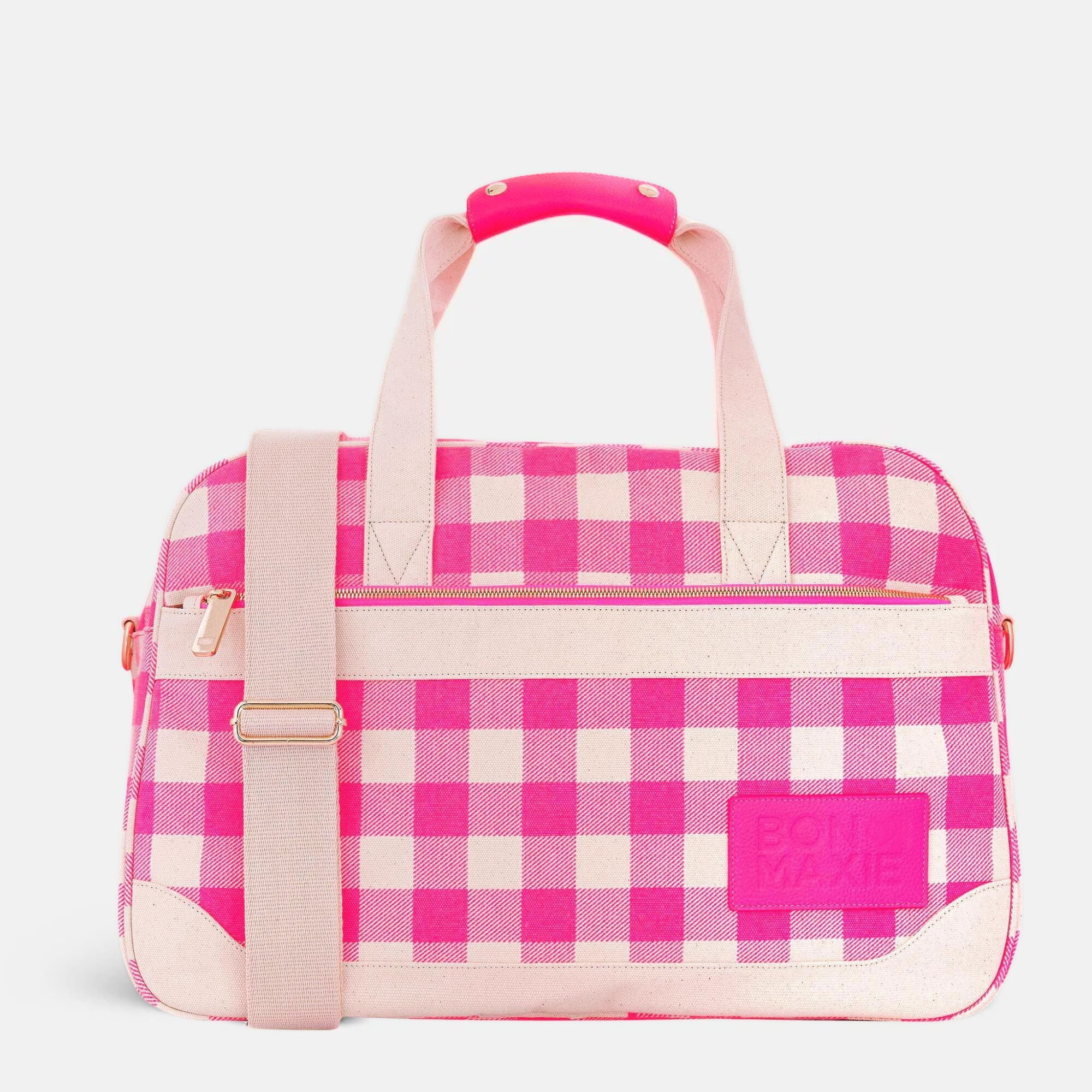 Bon Voyage Weekender Bag in signature coated canvas + leather -- Neon Pink Gingham