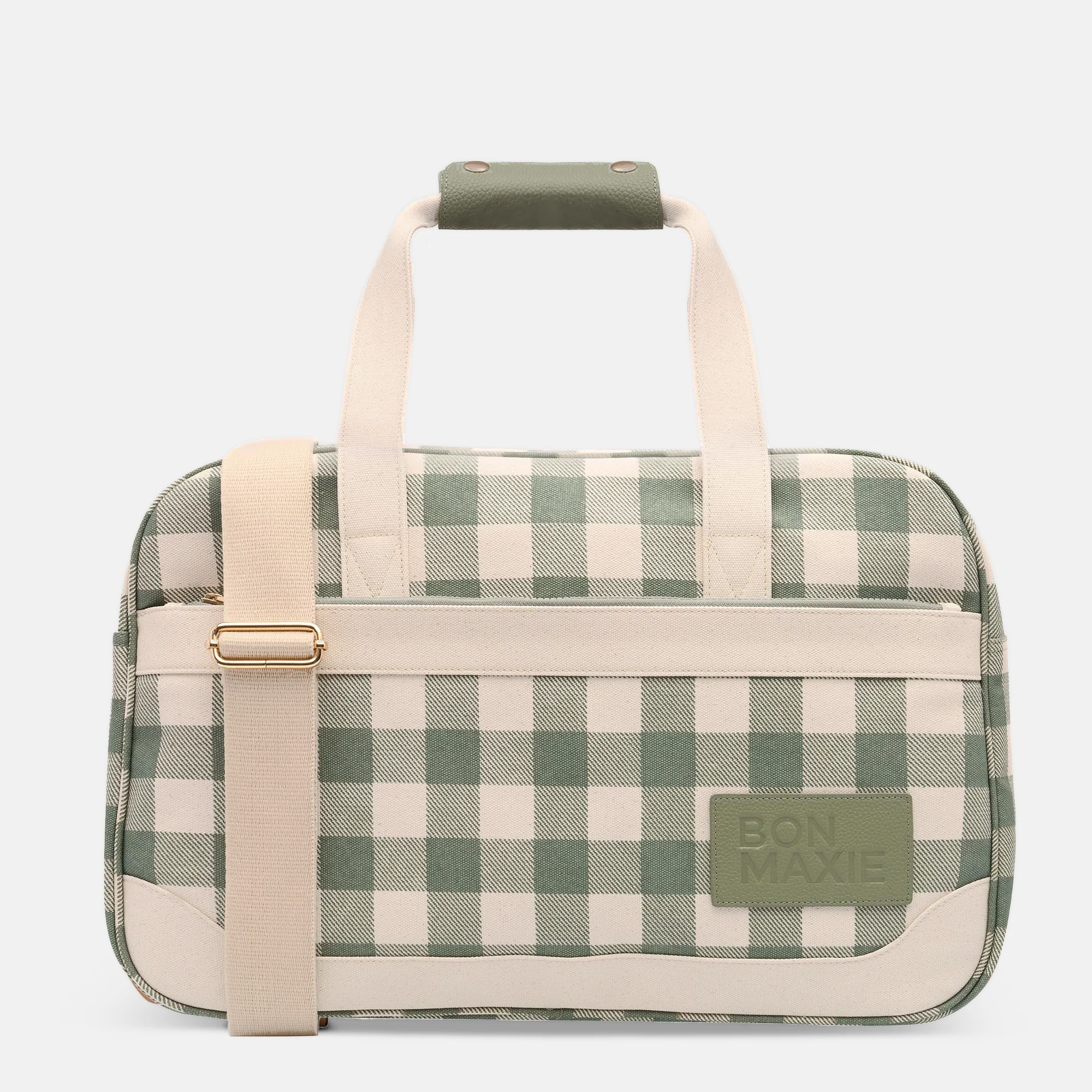 Bon Voyage Weekender Bag in signature coated canvas + leather -- Sage Gingham
