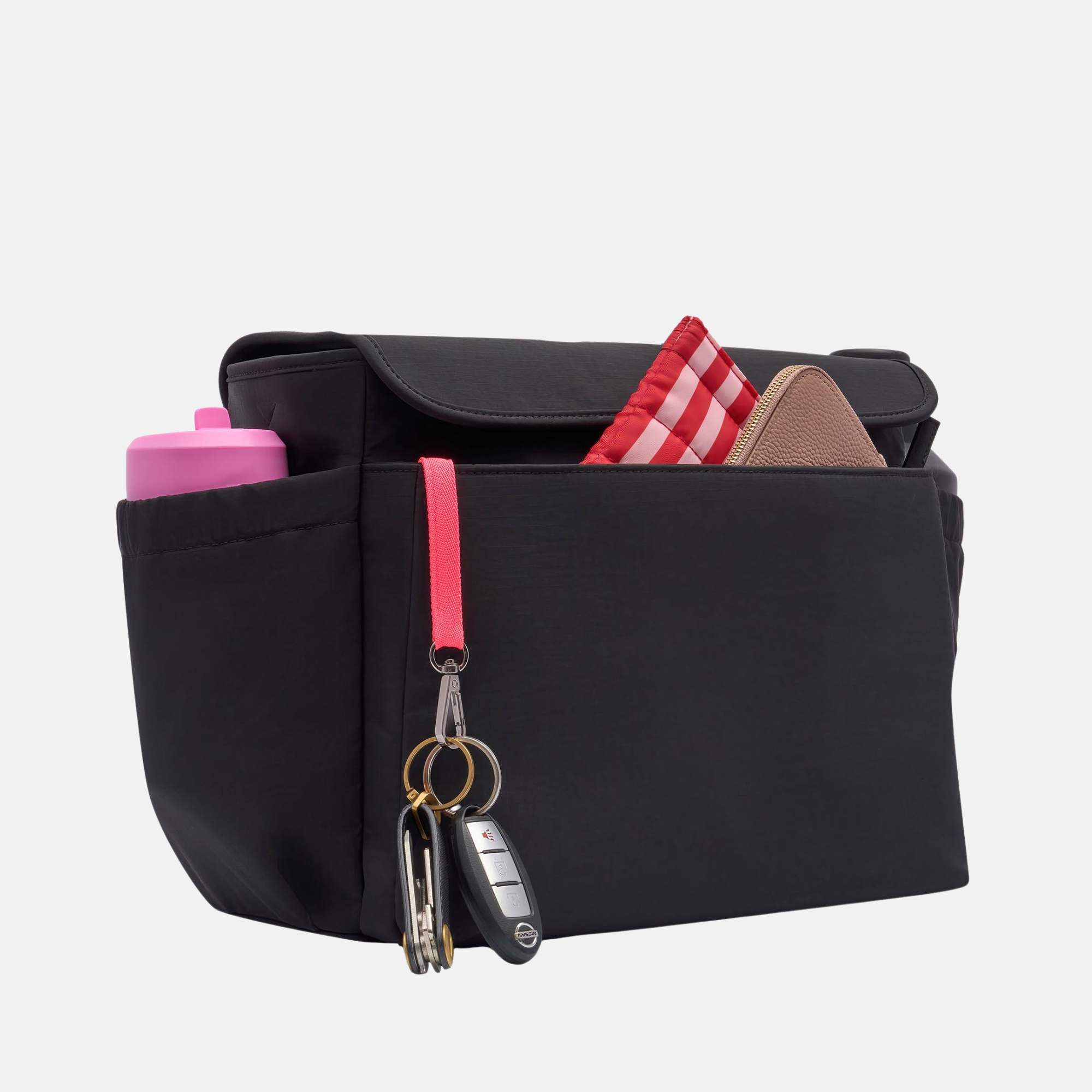 Pram Caddy Bag with pram + crossbody straps in coated canvas - Tan Houndstooth