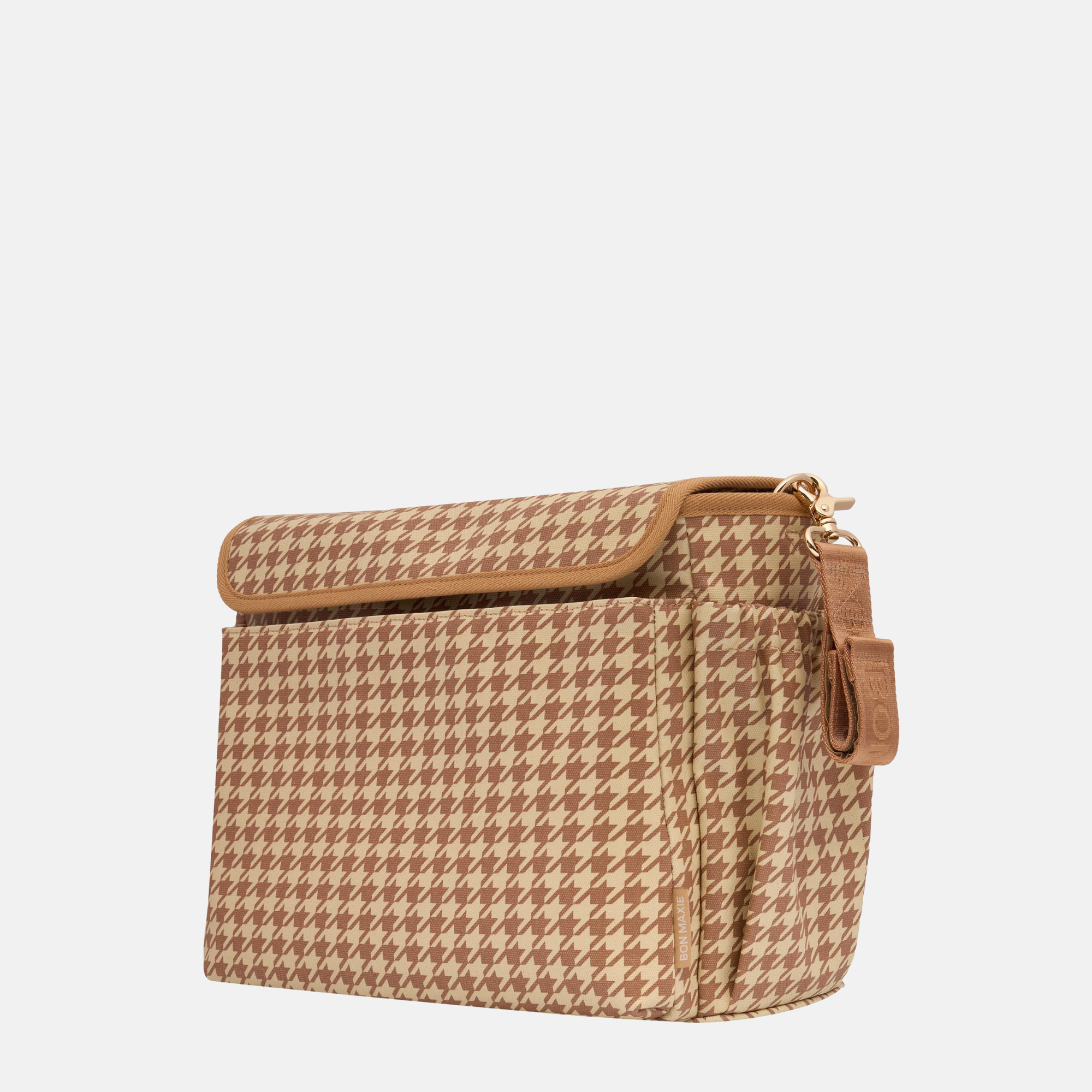 Nappy Bag/Pram Caddy Hybrid in coated canvas - Tan Houndstooth