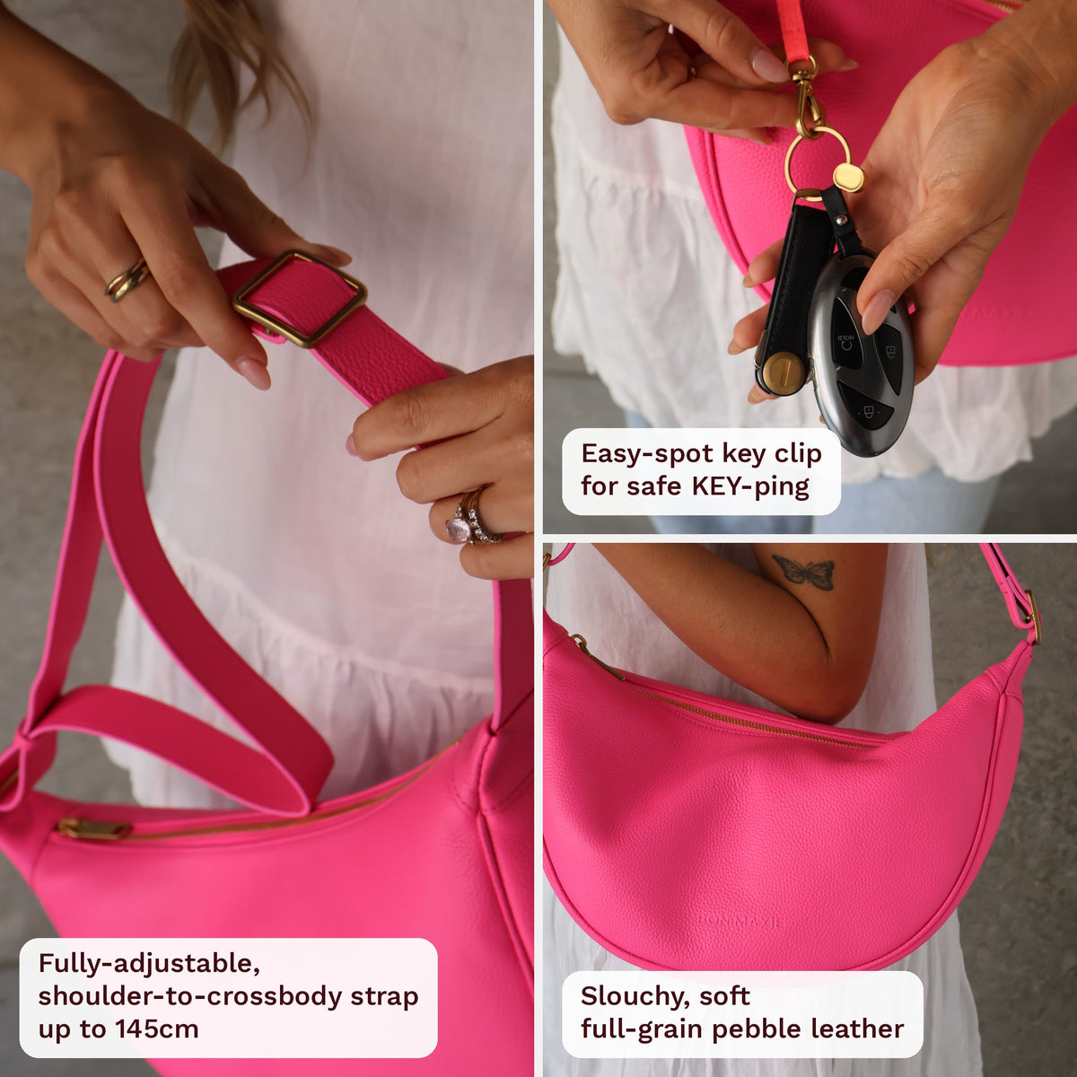 Slouchy Crescent Crossbody Bag in Neon Pink close-up features: fully-adjustable shoulder-to-crossbody strap up to 145cm, easy-spot key clip, slouchy soft full-grain pebble leather